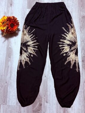 Women’s Black Tie-Dye Harem Pants with Beige Sunburst Baggy Boho Hippie Yoga